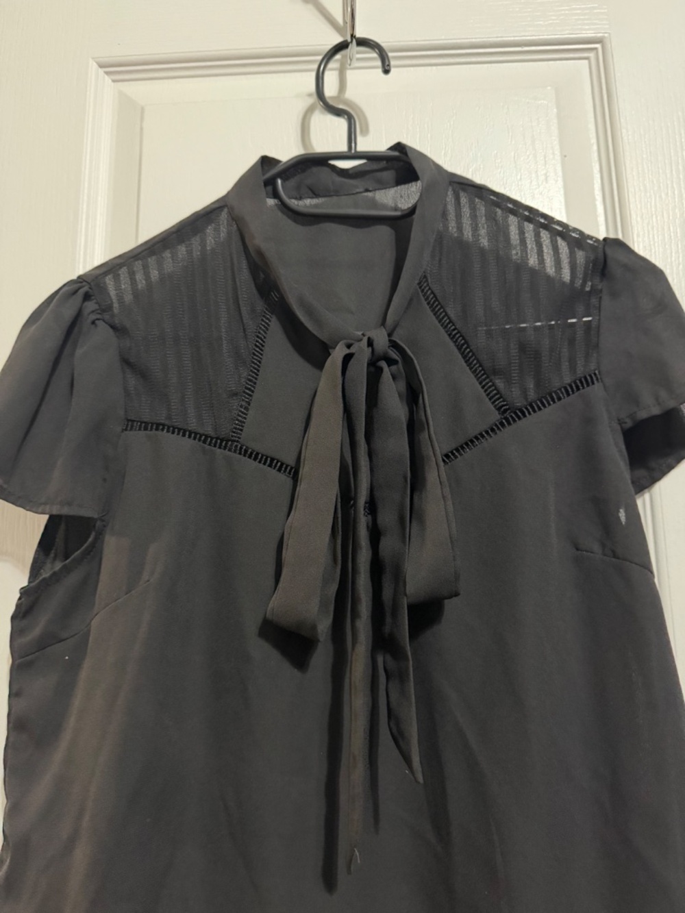 Black Tie Neck Sheer Stripe Mesh Panel Flutter Sleeve Blouse